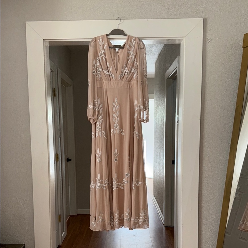 BHLDN Pink Plunge Bishop Sleeve Gown